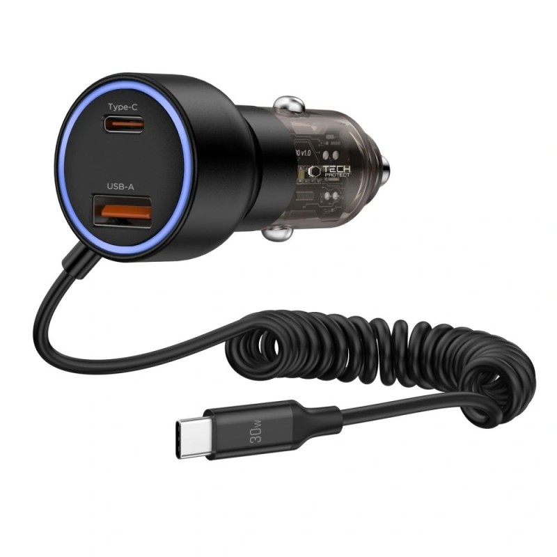 TECH-PROTECT CC05 2-порт зарядно за кола PD 60W + кабел BLACK - TECH-PROTECT CC05 2-порт зарядно за кола PD 60W + кабел BLACK - 5906302361717