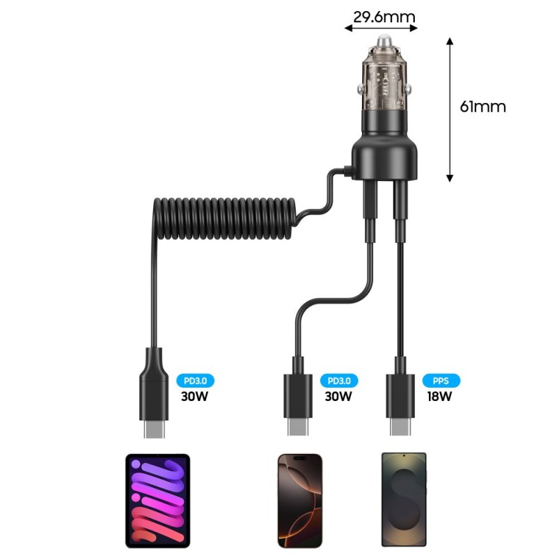 TECH-PROTECT CC05 2-порт зарядно за кола PD 60W + кабел BLACK - TECH-PROTECT CC05 2-порт зарядно за кола PD 60W + кабел BLACK - 5906302361717