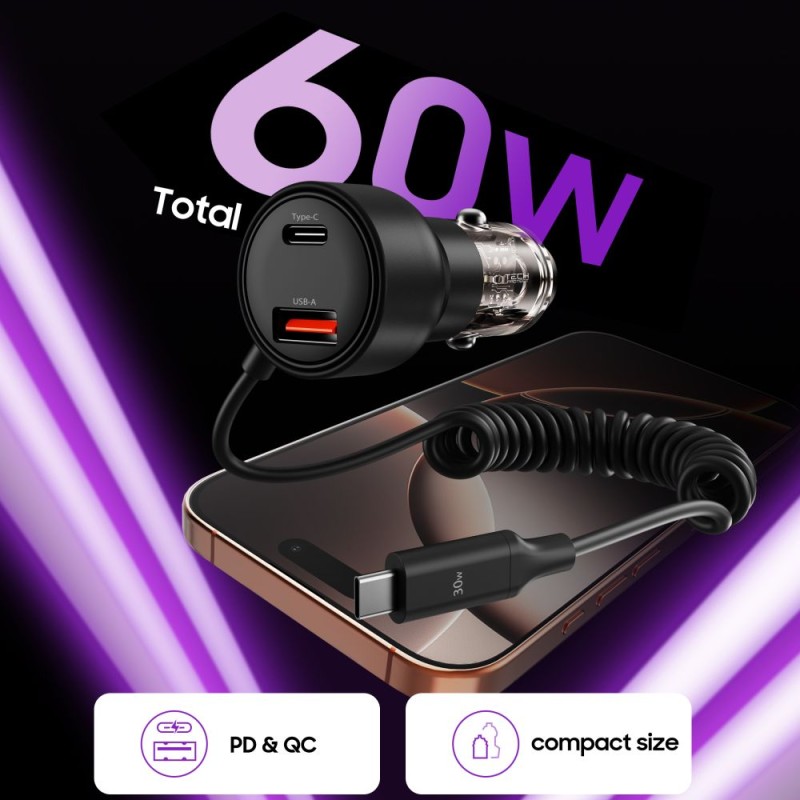 TECH-PROTECT CC05 2-порт зарядно за кола PD 60W + кабел BLACK - TECH-PROTECT CC05 2-порт зарядно за кола PD 60W + кабел BLACK - 5906302361717