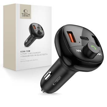 TECH-PROTECT CC06 3-порт зарядно за кола с PD 72W + FM предавател с Bluetooth, черно