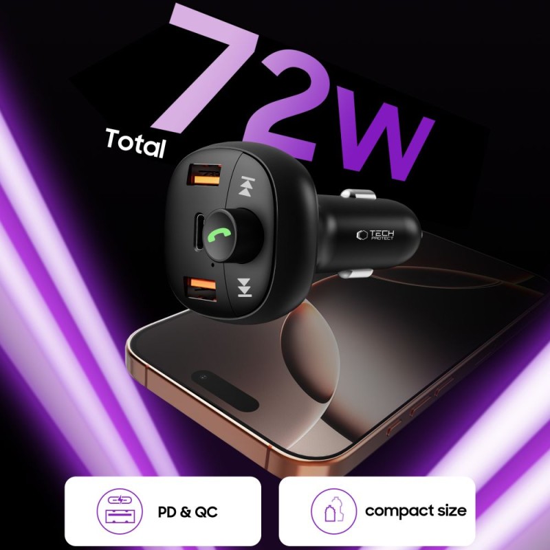 TECH-PROTECT CC06 3-порт зарядно за кола с PD 72W + FM предавател с Bluetooth, черно - TECH-PROTECT CC06 3-порт зарядно за кола с PD 72W + FM предавател с Bluetooth, черно - 5906302361786