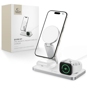 TECH-PROTECT QI15W-A47 3в1 магнитно MagSafe безжично зарядно (бяло)