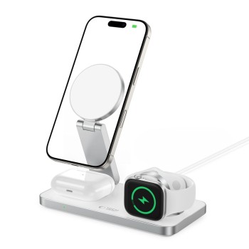 TECH-PROTECT QI15W-A47 3в1 магнитно MagSafe безжично зарядно (бяло)
