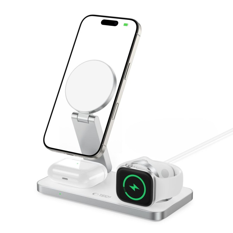 TECH-PROTECT QI15W-A47 3в1 магнитно MagSafe безжично зарядно (бяло) - TECH-PROTECT QI15W-A47 3в1 магнитно MagSafe безжично зарядно (бяло) - 5906302362530