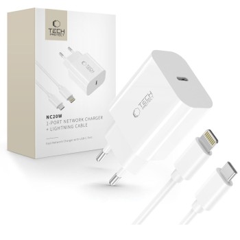 TECH-PROTECT NC20W мрежово зарядно 1-порт PD 20W + кабел Lightning, бяло