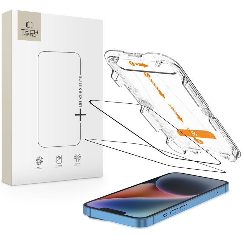 Tech-Protect Quick Set+ закалено стъкло за iPhone 13 / 13 Pro / 14 / 16E / 17E (2 бр.) Black - 5906302363186