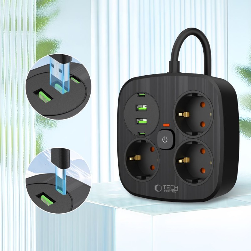 TECH-PROTECT PCS3X4 разклонител 2×USB + 2×TYPE-C + 3×контакт, 200 см, черен - TECH-PROTECT PCS3X4 разклонител 2×USB + 2×TYPE-C + 3×контакт, 200 см, черен - 5906302363414