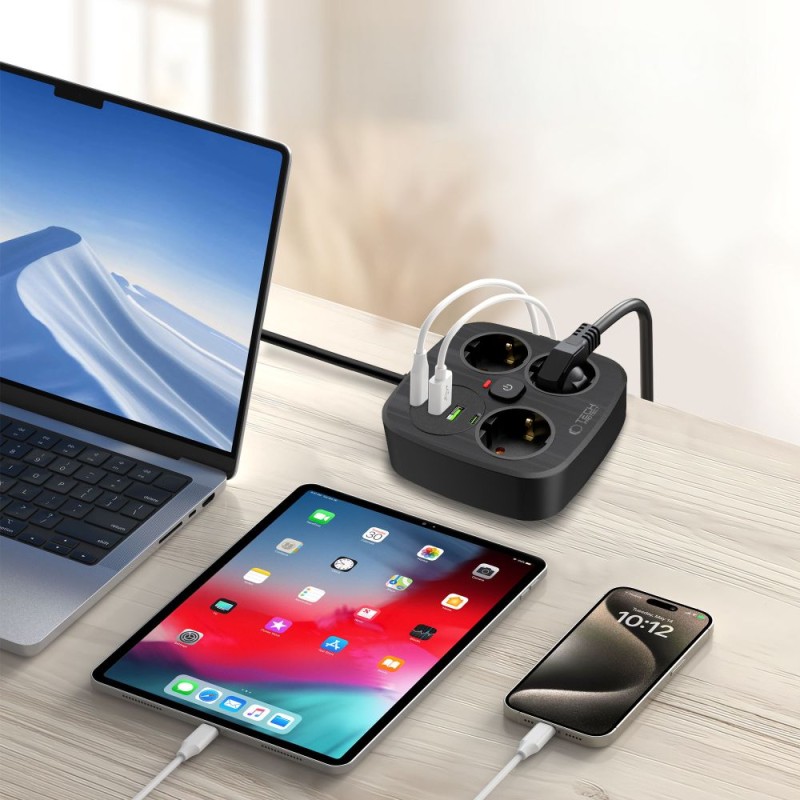TECH-PROTECT PCS3X4 разклонител 2×USB + 2×TYPE-C + 3×контакт, 200 см, черен - TECH-PROTECT PCS3X4 разклонител 2×USB + 2×TYPE-C + 3×контакт, 200 см, черен - 5906302363414