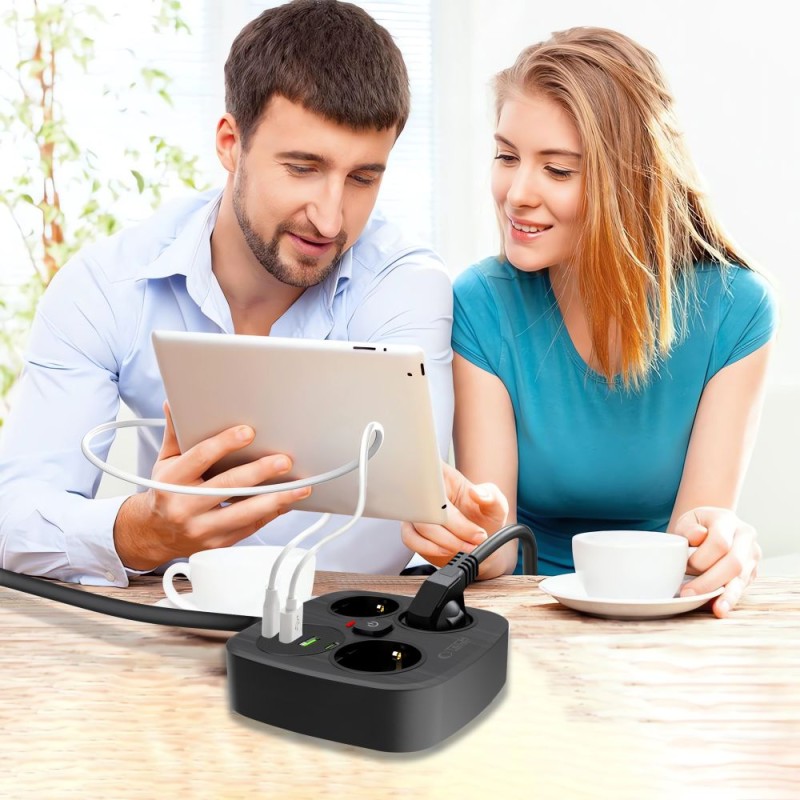 TECH-PROTECT PCS3X4 разклонител 2×USB + 2×TYPE-C + 3×контакт, 200 см, черен - TECH-PROTECT PCS3X4 разклонител 2×USB + 2×TYPE-C + 3×контакт, 200 см, черен - 5906302363414