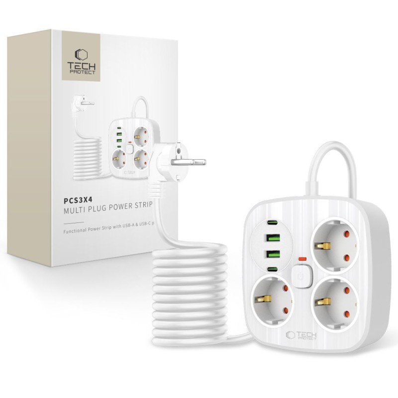 TECH-PROTECT PCS3X4 захранваща лента 200 см, 3 мрежови контакта, 2× USB-A, 2× USB-C, бяла - TECH-PROTECT PCS3X4 захранваща лента 200 см, 3 мрежови контакта, 2× USB-A, 2× USB-C, бяла - 5906302363421