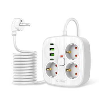 TECH-PROTECT PCS3X4 захранваща лента 200 см, 3 мрежови контакта, 2× USB-A, 2× USB-C, бяла TECH-PROTECT PCS3X4 захранваща лента 200 см, 3 мрежови контакта, 2× USB-A, 2× USB-C, бяла