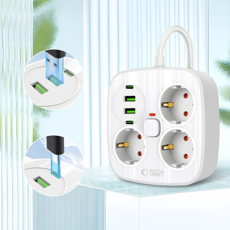 TECH-PROTECT PCS3X4 захранваща лента 200 см, 3 мрежови контакта, 2× USB-A, 2× USB-C, бяла - TECH-PROTECT PCS3X4 захранваща лента 200 см, 3 мрежови контакта, 2× USB-A, 2× USB-C, бяла - 5906302363421
