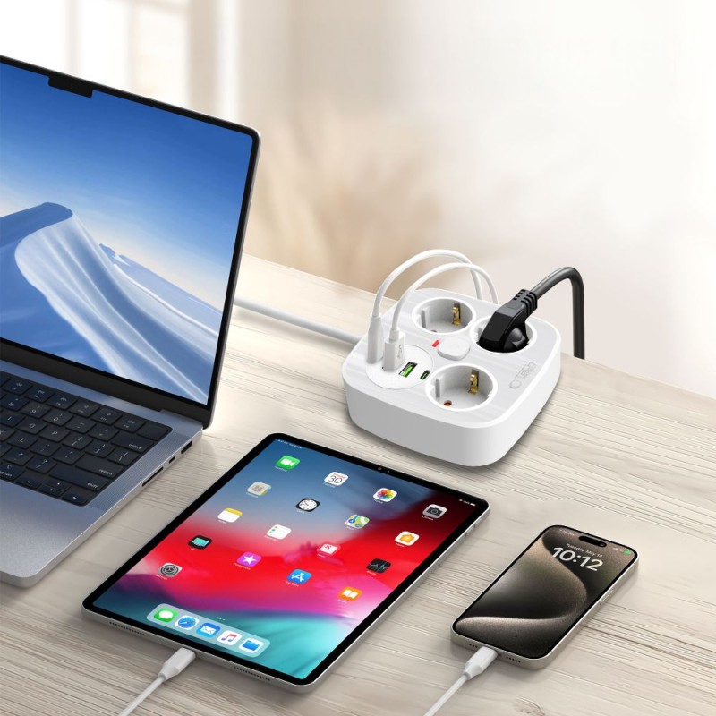 TECH-PROTECT PCS3X4 захранваща лента 200 см, 3 мрежови контакта, 2× USB-A, 2× USB-C, бяла - TECH-PROTECT PCS3X4 захранваща лента 200 см, 3 мрежови контакта, 2× USB-A, 2× USB-C, бяла - 5906302363421