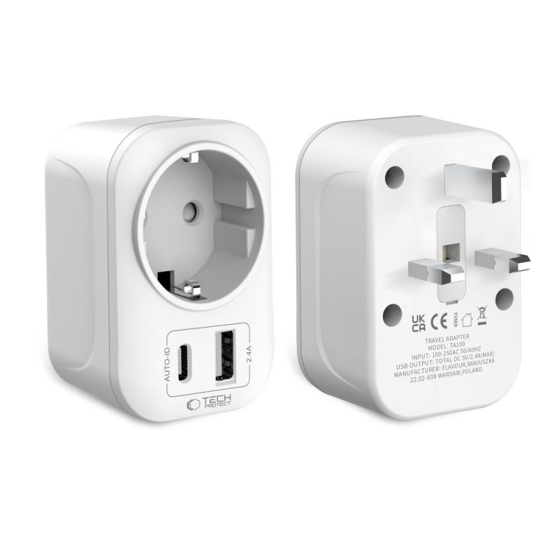 Tech-Protect TA100 Travel Adapter UK към EU (бял) - 5906302368525