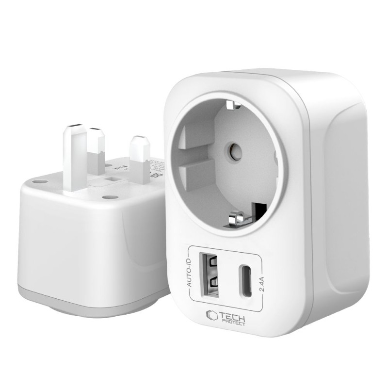 Tech-Protect TA100 Travel Adapter UK към EU (бял) - 5906302368525