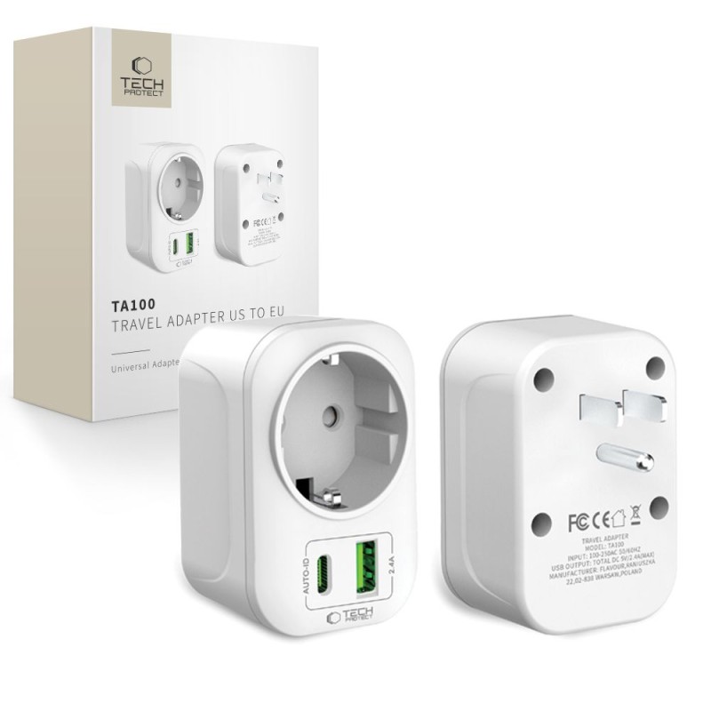 Tech-Protect TA100 Travel Adapter US към EU, бял - 5906302368532