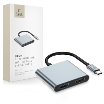 TECH-PROTECT HB08 HUB адаптер 4в1 Type-C + USB 2.0 + 2× HDMI 4K 60Hz, space grey