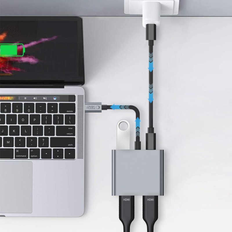 TECH-PROTECT HB08 HUB адаптер 4в1 Type-C + USB 2.0 + 2× HDMI 4K 60Hz, space grey - TECH-PROTECT HB08 HUB адаптер 4в1 Type-C + USB 2.0 + 2× HDMI 4K 60Hz, space grey - 5906302368624