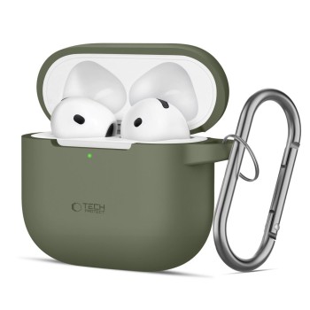 TECH-PROTECT силиконов калъф с карабинер за Apple AirPods 4, маслинено зелено