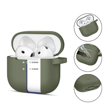 TECH-PROTECT силиконов калъф с карабинер за Apple AirPods 4, маслинено зелено TECH-PROTECT силиконов калъф с карабинер за Apple AirPods 4, маслинено зелено