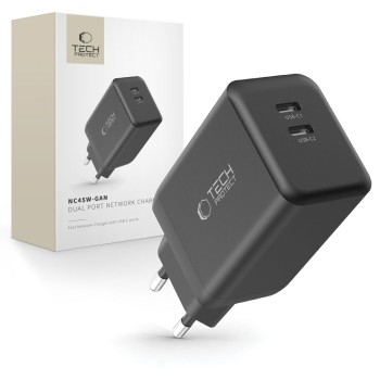 Tech-Protect NC45W-GAN 2-портова мрежова зарядна PD 45W, черна