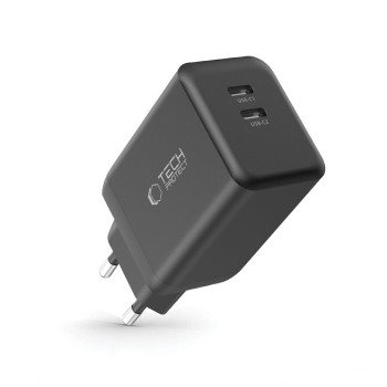 Tech-Protect NC45W-GAN 2-портова мрежова зарядна PD 45W, черна Tech-Protect NC45W-GAN 2-портова мрежова зарядна PD 45W, черна
