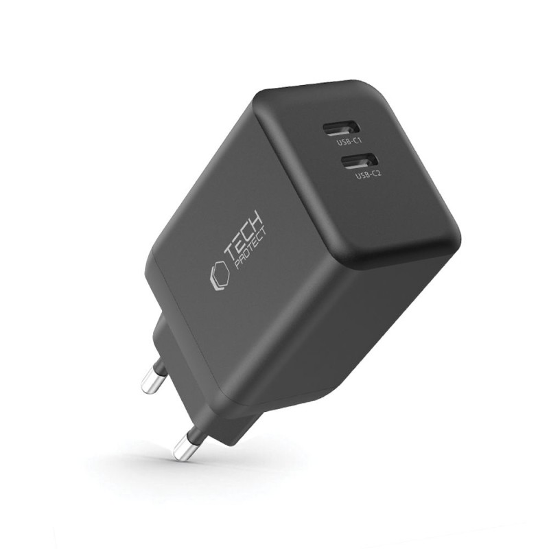 Tech-Protect NC45W-GAN 2-портова мрежова зарядна PD 45W, черна - Tech-Protect NC45W-GAN 2-портова мрежова зарядна PD 45W, черна - 5906302372386