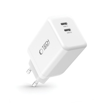 TECH-PROTECT NC45W-GAN 2-портова мрежова зарядна с PD 45W, бяла TECH-PROTECT NC45W-GAN 2-портова мрежова зарядна с PD 45W, бяла