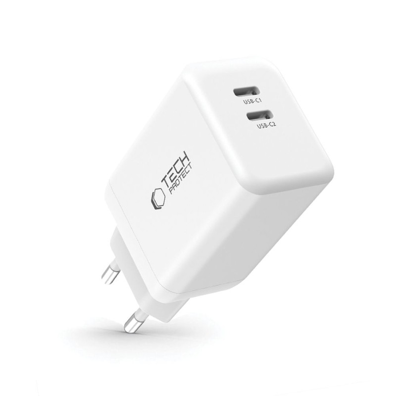 TECH-PROTECT NC45W-GAN 2-портова мрежова зарядна с PD 45W, бяла - TECH-PROTECT NC45W-GAN 2-портова мрежова зарядна с PD 45W, бяла - 5906302372393