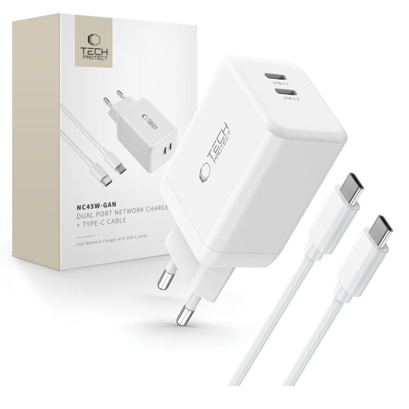 TECH-PROTECT NC45W-GAN 2-портово мрежово зарядно PD 45W + USB-C кабел (бяло) - TECH-PROTECT NC45W-GAN 2-портово мрежово зарядно PD 45W + USB-C кабел (бяло) - 5906302372409