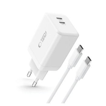 TECH-PROTECT NC45W-GAN 2-портово мрежово зарядно PD 45W + USB-C кабел (бяло) TECH-PROTECT NC45W-GAN 2-портово мрежово зарядно PD 45W + USB-C кабел (бяло)