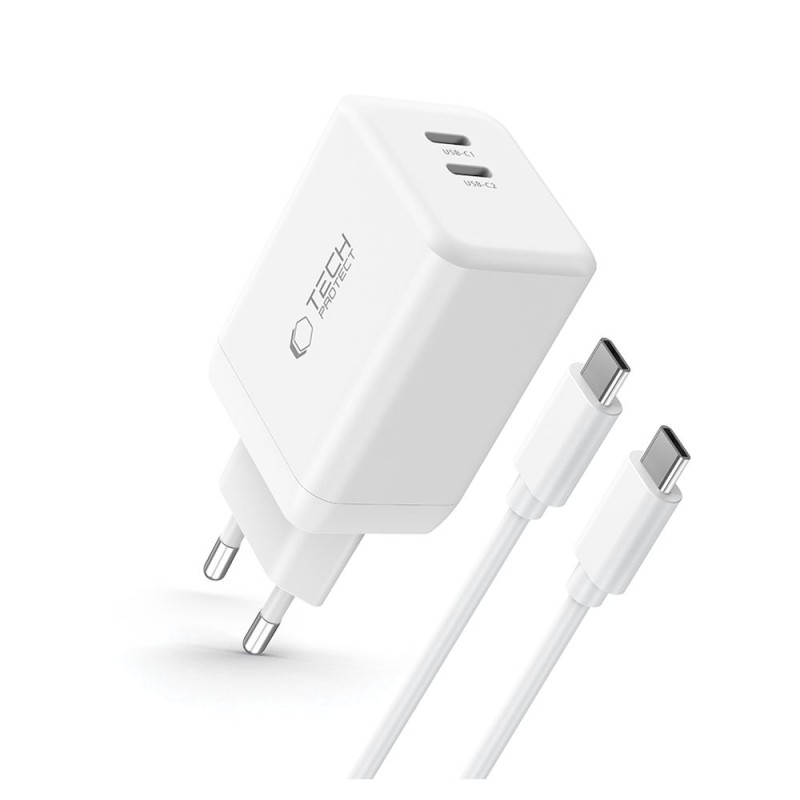 TECH-PROTECT NC45W-GAN 2-портово мрежово зарядно PD 45W + USB-C кабел (бяло) - TECH-PROTECT NC45W-GAN 2-портово мрежово зарядно PD 45W + USB-C кабел (бяло) - 5906302372409