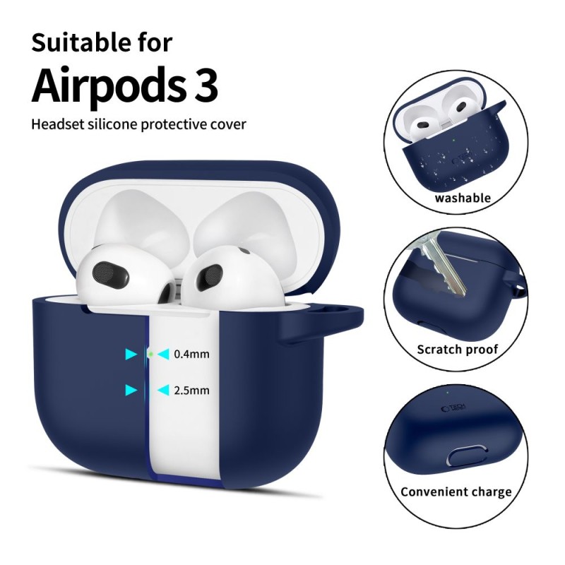 TECH-PROTECT Силиконов калъф с карабинер Apple AirPods 3 Navy Blue - TECH-PROTECT Силиконов калъф с карабинер Apple AirPods 3 Navy Blue - 5906302375103