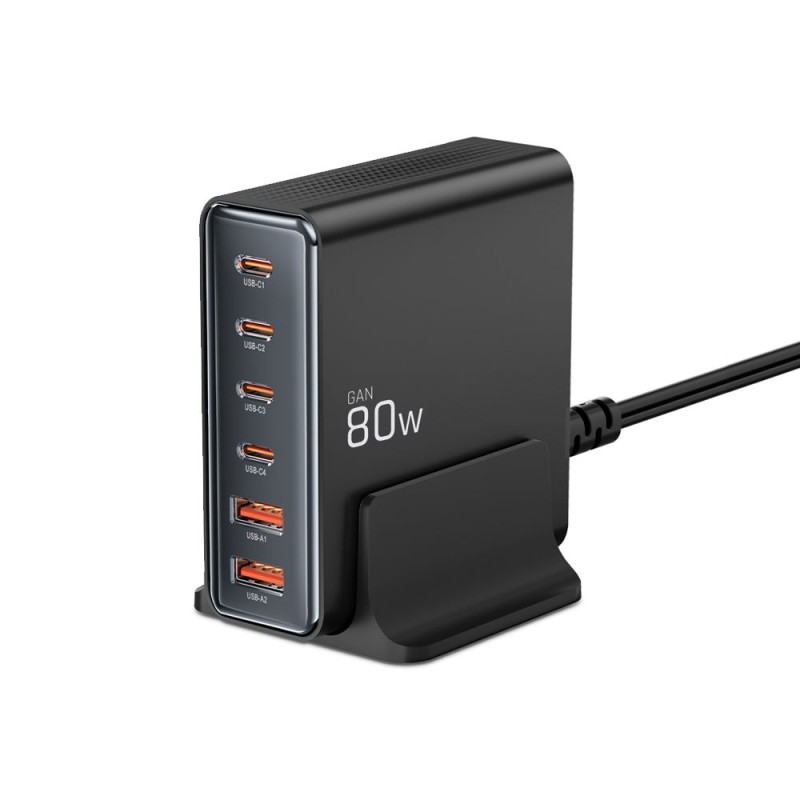 Tech-Protect DC80W-GAN Desktop зарядно с 6 порта PD 80W / QC3.0 черно - 5906302375448