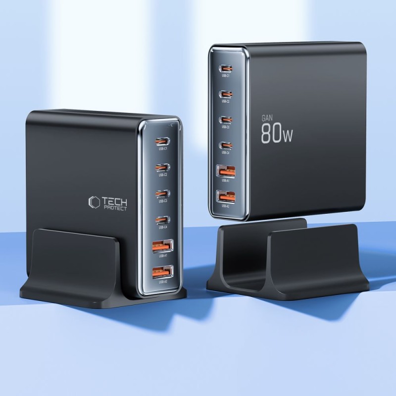 Tech-Protect DC80W-GAN Desktop зарядно с 6 порта PD 80W / QC3.0 черно - 5906302375448