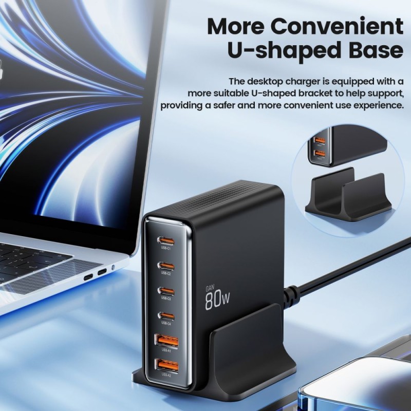 Tech-Protect DC80W-GAN Desktop зарядно с 6 порта PD 80W / QC3.0 черно - 5906302375448