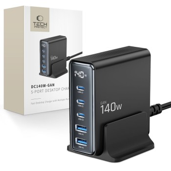 Tech-Protect DC140W-GAN настолно зарядно с 5 порта, PD 140W / QC3.0, черно