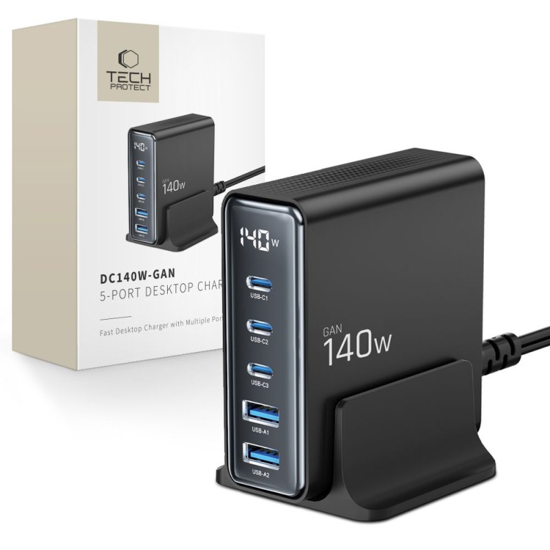 Tech-Protect DC140W-GAN настолно зарядно с 5 порта, PD 140W / QC3.0, черно - Tech-Protect DC140W-GAN настолно зарядно с 5 порта, PD 140W / QC3.0, черно - 5906302375455
