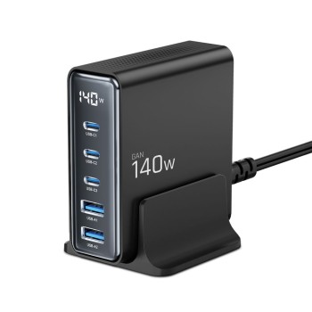 Tech-Protect DC140W-GAN настолно зарядно с 5 порта, PD 140W / QC3.0, черно Tech-Protect DC140W-GAN настолно зарядно с 5 порта, PD 140W / QC3.0, черно
