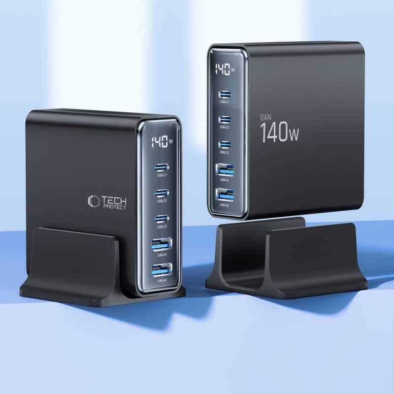 Tech-Protect DC140W-GAN настолно зарядно с 5 порта, PD 140W / QC3.0, черно - Tech-Protect DC140W-GAN настолно зарядно с 5 порта, PD 140W / QC3.0, черно - 5906302375455