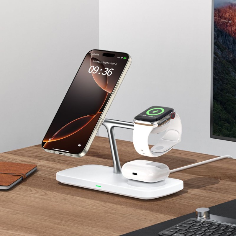 TECH-PROTECT QI15W-A45 3в1 магнитно MagSafe безжично зарядно бяло - TECH-PROTECT QI15W-A45 3в1 магнитно MagSafe безжично зарядно бяло - 5906302375615