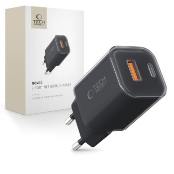 Tech-Protect NCM33 двупортово мрежово зарядно PD 33W / QC3.0 (черно)