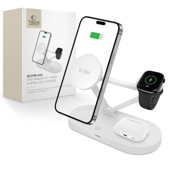 TECH-PROTECT QI15W-A41 3в1 магнитно MagSafe безжично зарядно бяло