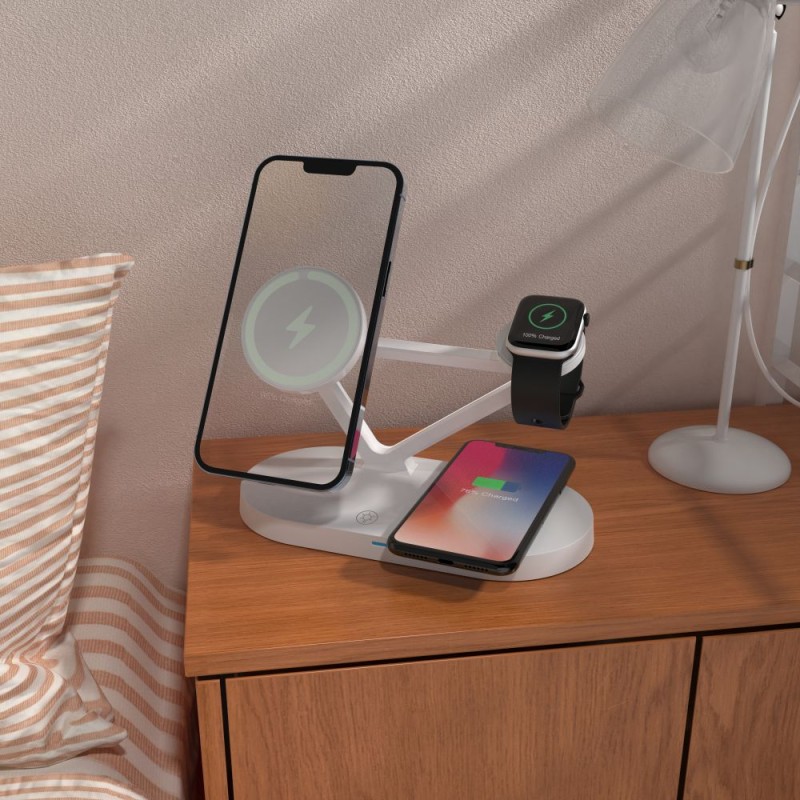 TECH-PROTECT QI15W-A41 3в1 магнитно MagSafe безжично зарядно бяло - TECH-PROTECT QI15W-A41 3в1 магнитно MagSafe безжично зарядно бяло - 5906302380145
