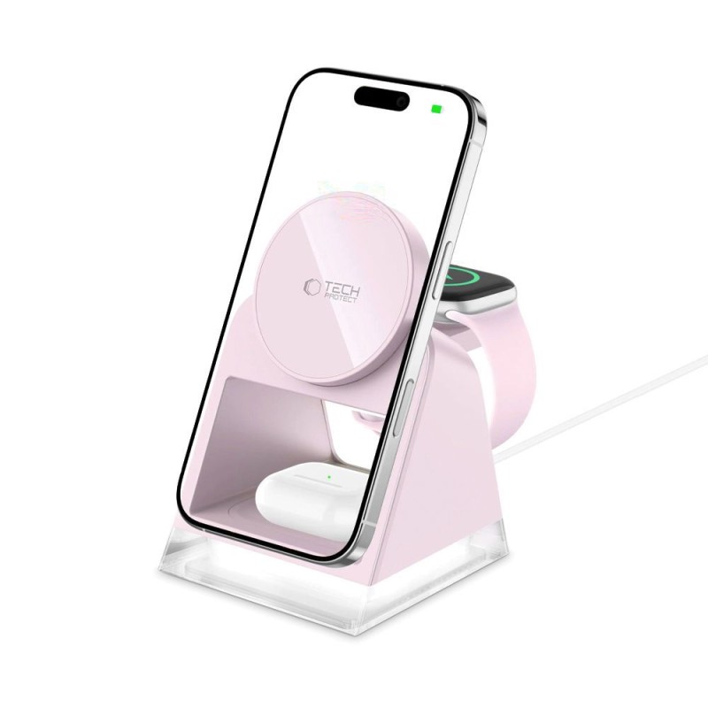 Tech-Protect QI15W-A43 3в1 магнитно MagSafe безжично зарядно – baby pink - Tech-Protect QI15W-A43 3в1 магнитно MagSafe безжично зарядно – baby pink - 5906302380190
