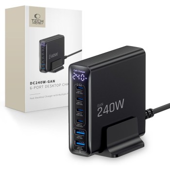 TECH-PROTECT DC240W-GaN 6-портов настолен заряден с PD 240W / QC3.0, черен