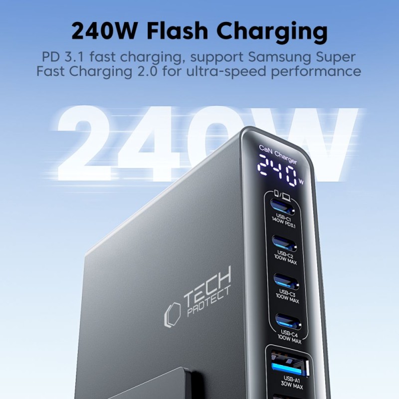 TECH-PROTECT DC240W-GaN 6-портов настолен заряден с PD 240W / QC3.0, черен - 5906302390878