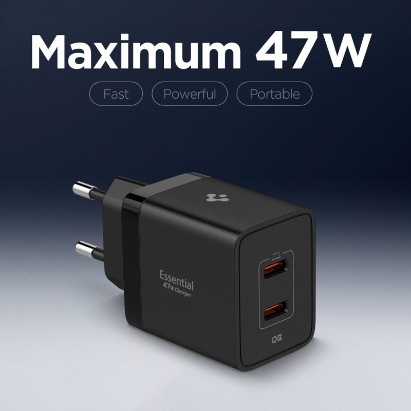 SPIGEN ESSENTIAL EE472EU 2-порт зарядно за мрежа GaN Pro 47W черно - SPIGEN ESSENTIAL EE472EU 2-порт зарядно за мрежа GaN Pro 47W черно - 8800283302912-ACH09457