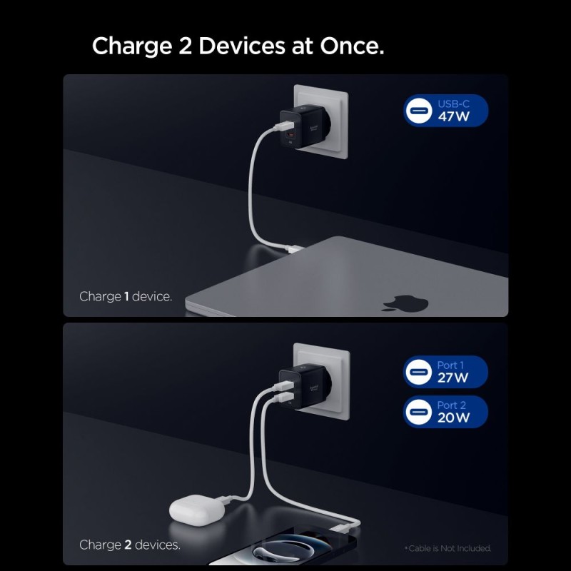SPIGEN ESSENTIAL EE472EU 2-порт зарядно за мрежа GaN Pro 47W черно - SPIGEN ESSENTIAL EE472EU 2-порт зарядно за мрежа GaN Pro 47W черно - 8800283302912-ACH09457