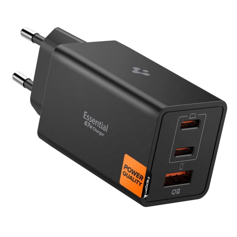 SPIGEN ESSENTIAL EE673EU 3-портово мрежово зарядно GaN Pro 67W, черно - SPIGEN ESSENTIAL EE673EU 3-портово мрежово зарядно GaN Pro 67W, черно - 8800283302929-ACH09458
